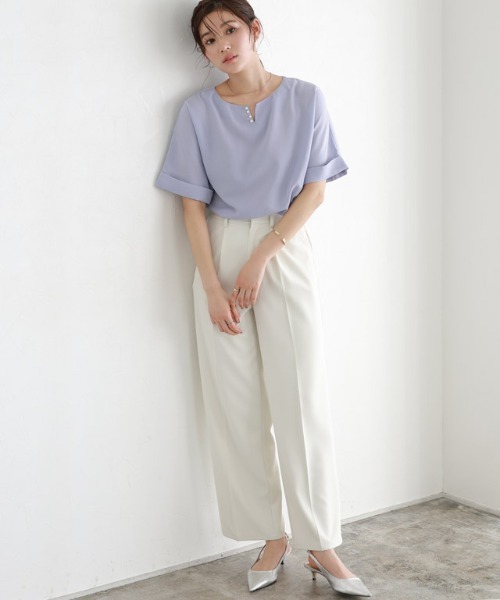 Pierrot(ピエロ)の「2wayリネンライクパールボタンブラウス(シャツ/ブラウス・レディース・ピンク/グレー系その他/ベージュ/ネイビー・L/M)」の9枚目の写真