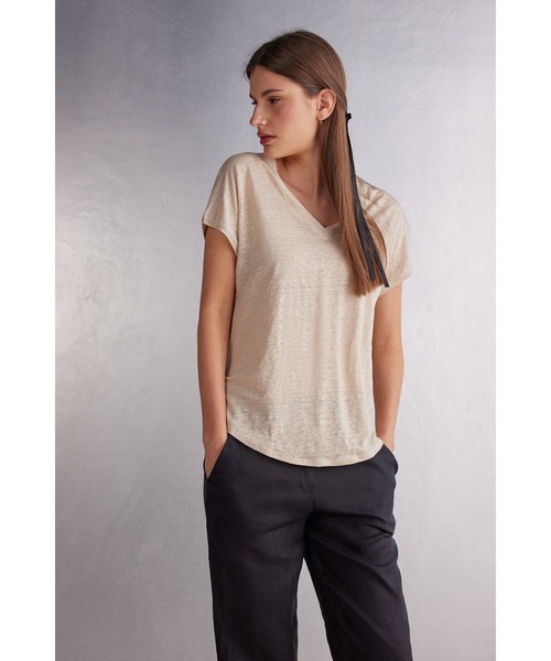 tシャツ リネン Vネック ショートスリーブ ニット レディース リネン Vネック ショートスリーブ ニット（Tシャツ/カットソー