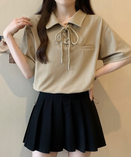 Girly Doll(ガーリードール)の「ポロカラーレースアップ半袖カットソー(Tシャツ/カットソー・レディース・ベージュ/キャメル/ブラック/グレー/グリーン・FREE)」の16枚目の写真