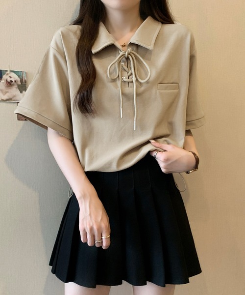 Girly Doll(ガーリードール)の「ポロカラーレースアップ半袖カットソー(Tシャツ/カットソー・レディース・ベージュ/キャメル/ブラック/グレー/グリーン・FREE)」の18枚目の写真
