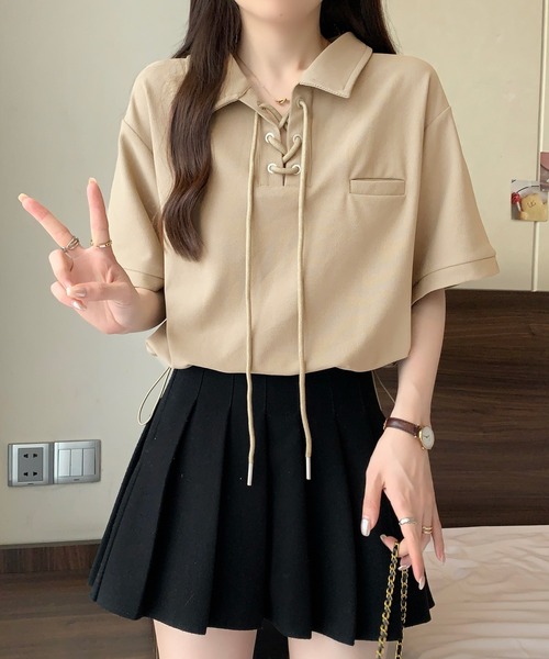 Girly Doll(ガーリードール)の「ポロカラーレースアップ半袖カットソー(Tシャツ/カットソー・レディース・ベージュ/キャメル/ブラック/グレー/グリーン・FREE)」の21枚目の写真