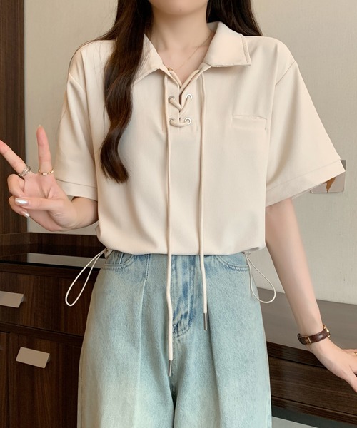 【アナイ】レースカットソー アースカラー ベージュ  ポリ テロ感  古着 ポロカラーレースアップ半袖カットソー（Tシャツ/カットソー