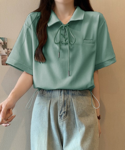 Girly Doll(ガーリードール)の「ポロカラーレースアップ半袖カットソー(Tシャツ/カットソー・レディース・ベージュ/キャメル/ブラック/グレー/グリーン・FREE)」の7枚目の写真
