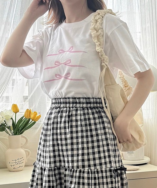 cuorequal（クオレコール）の「PINKリボンプリント半袖Ｔシャツ（Tシャツ/カットソー・レディース・ホワイト・LARGE/MEDIUM）」の5枚目の写真