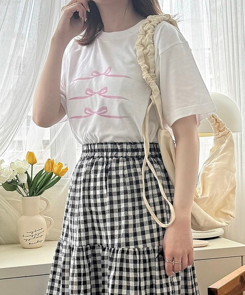 cuorequal（クオレコール）の「PINKリボンプリント半袖Ｔシャツ（Tシャツ/カットソー・レディース・ホワイト・LARGE/MEDIUM）」の7枚目の写真