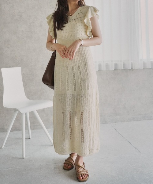 Teem Store(チームストア)の「【アンサンブル】ジャガードレース透かし編みニットサマードレスタイトワンピース / キャミソールセット(ワンピース・レディース・ブラック/ベージュ・F)」の6枚目の写真