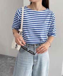 fredy emue（フレディエミュ）の「無地/ボーダー５分袖ボートネックTシャツ（Tシャツ/カットソー）」