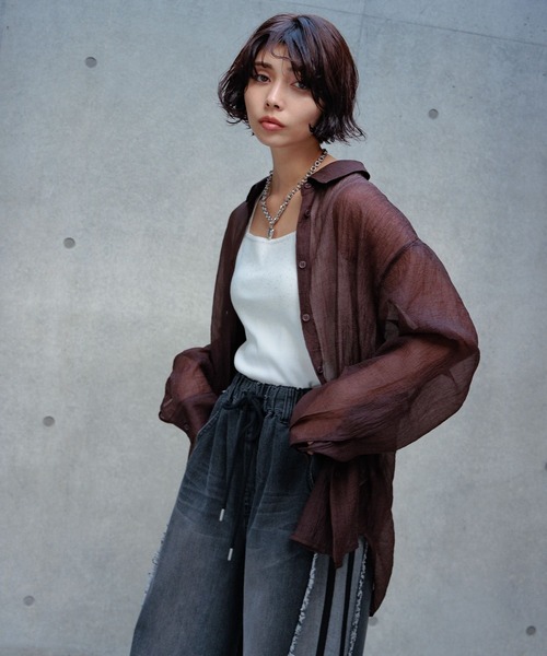 PAGEBOY（ページボーイ）の「シアーシャツ（シャツ/ブラウス・レディース・オフホワイト/ブラック/ブラウン/オレンジ/ターコイズブルー・FREE）」の3枚目の写真