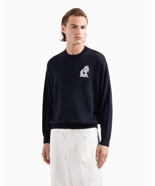 EMPORIO ARMANI（エンポリオアルマーニ）の「【エンポリオ アルマーニ】セーター バージンウール プレーンニット フレンチブルドッグ刺繍（ニット/セーター・メンズ・ネイビー・LARGE/MEDIUM/SMALL/X-LARGE/X-SMALL）」の6枚目の写真