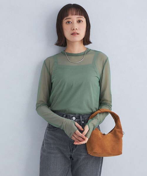 green label relaxing(グリーンレーベルリラクシング)の「ハイメッシュ チュール ロングスリーブ プルオーバー(Tシャツ/カットソー・レディース・ブラック/オリーブ/ホワイト/ベージュ/ダークグレー・FREE)」の6枚目の写真