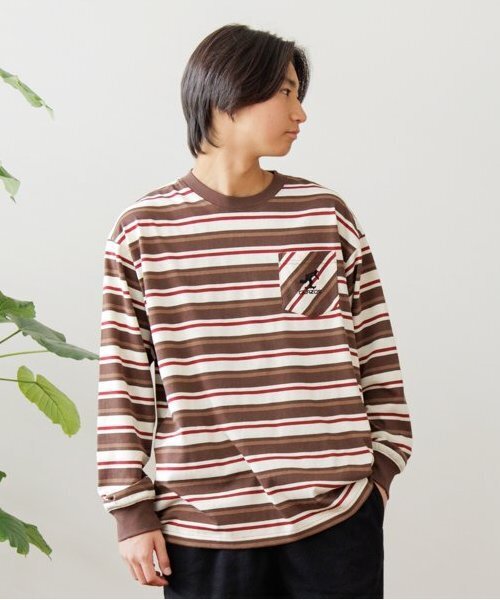 GLAZOS(グラソス)の「【大人向けサイズあり】ボーダー・ワンポイント刺繍ポケット付きビッグ長袖Tシャツ(Tシャツ/カットソー・キッズ・パープル/ブラウン/ブラック・S/M/L/LL)」の2枚目の写真