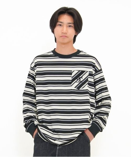 GLAZOS(グラソス)の「【大人向けサイズあり】ボーダー・ワンポイント刺繍ポケット付きビッグ長袖Tシャツ(Tシャツ/カットソー・キッズ・パープル/ブラウン/ブラック・S/M/L/LL)」の1枚目の写真