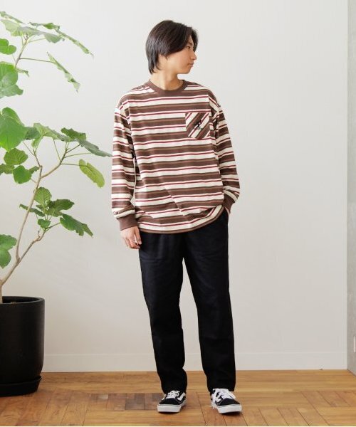 GLAZOS(グラソス)の「【大人向けサイズあり】ボーダー・ワンポイント刺繍ポケット付きビッグ長袖Tシャツ(Tシャツ/カットソー・キッズ・パープル/ブラウン/ブラック・S/M/L/LL)」の4枚目の写真