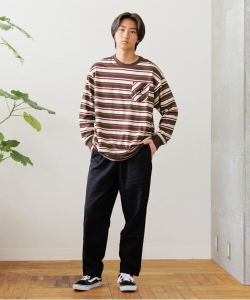 GLAZOS(グラソス)の「【大人向けサイズあり】ボーダー・ワンポイント刺繍ポケット付きビッグ長袖Tシャツ(Tシャツ/カットソー・キッズ・パープル/ブラウン/ブラック・S/M/L/LL)」の5枚目の写真