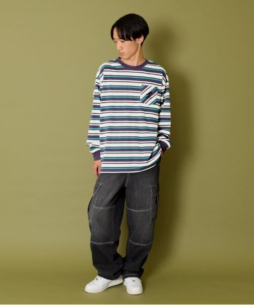 GLAZOS(グラソス)の「【大人向けサイズあり】ボーダー・ワンポイント刺繍ポケット付きビッグ長袖Tシャツ(Tシャツ/カットソー・キッズ・パープル/ブラウン/ブラック・S/M/L/LL)」の6枚目の写真