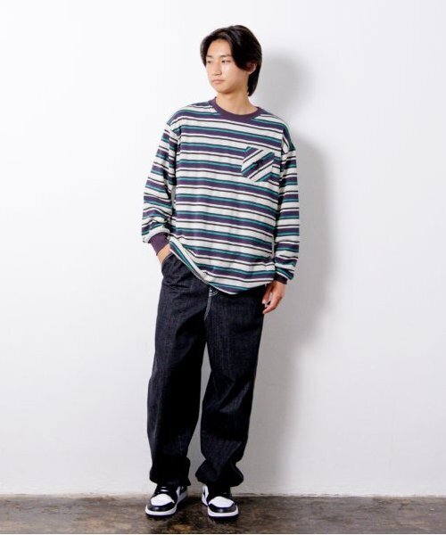 GLAZOS(グラソス)の「【大人向けサイズあり】ボーダー・ワンポイント刺繍ポケット付きビッグ長袖Tシャツ(Tシャツ/カットソー・キッズ・パープル/ブラウン/ブラック・S/M/L/LL)」の8枚目の写真