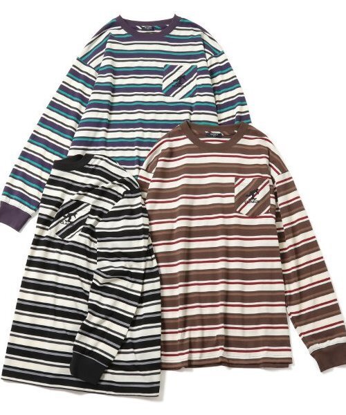 GLAZOS(グラソス)の「【大人向けサイズあり】ボーダー・ワンポイント刺繍ポケット付きビッグ長袖Tシャツ(Tシャツ/カットソー・キッズ・パープル/ブラウン/ブラック・S/M/L/LL)」の15枚目の写真