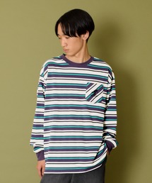 GLAZOS | ボーダー・ワンポイント刺繍ポケット付きビッグ長袖Tシャツ(Tシャツ/カットソー)