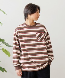 GLAZOS | ボーダー・ワンポイント刺繍ポケット付きビッグ長袖Tシャツ(Tシャツ/カットソー)