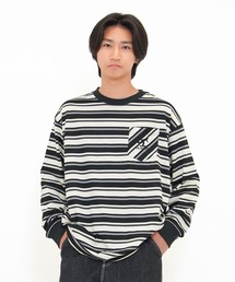 GLAZOS | ボーダー・ワンポイント刺繍ポケット付きビッグ長袖Tシャツ(Tシャツ/カットソー)