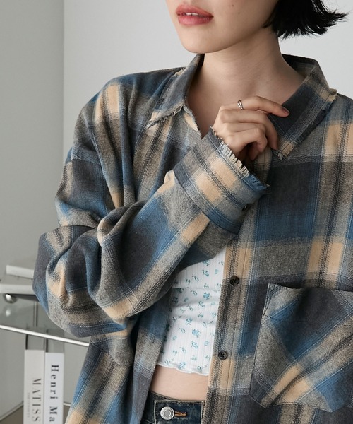 forksy.】フリンジ加工チェック柄オーバーサイズシャツ（シャツ