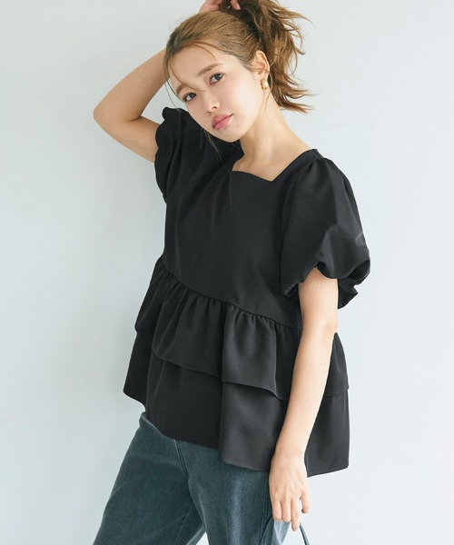 coca(coca)(コカ)の「セットアップ対応 スクエアネックギャザーブラウス(シャツ/ブラウス・レディース・ブラック/ライトベージュ・L/M)」の15枚目の写真