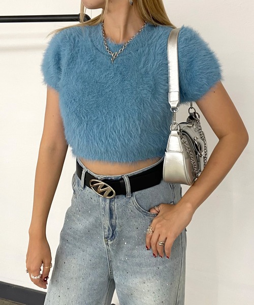 セール】シャギークロップド丈半袖ニットトップス（ニット