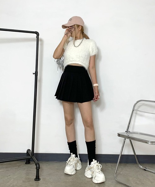 non-hedge(ノンヘッジ)の「シャギークロップド丈半袖ニットトップス(ニット/セーター・レディース・ブラック/グレー/オフホワイト/ブルー/ピンク/ベージュ・FREE)」の9枚目の写真