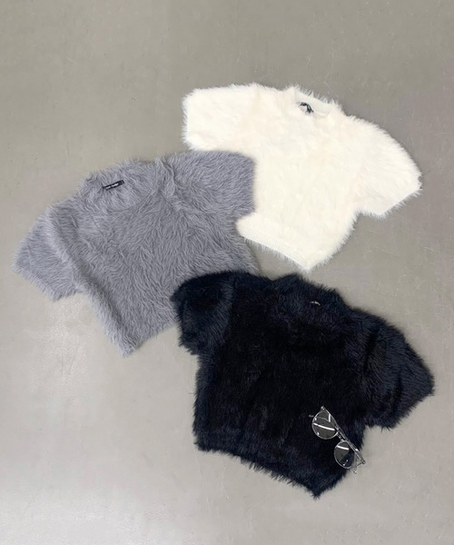non-hedge(ノンヘッジ)の「シャギークロップド丈半袖ニットトップス(ニット/セーター・レディース・ブラック/グレー/オフホワイト/ブルー/ピンク/ベージュ・FREE)」の21枚目の写真