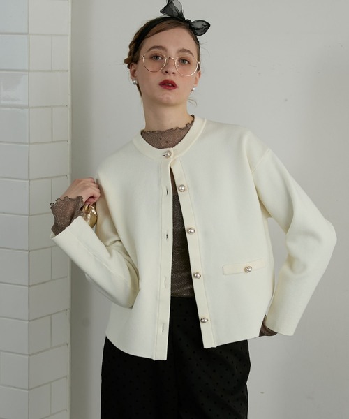 ルルウィルビー ミックスツイード ノーカラージャケット ニット パールボタン パールボタンノーカラーツイードジャケット | prose verse