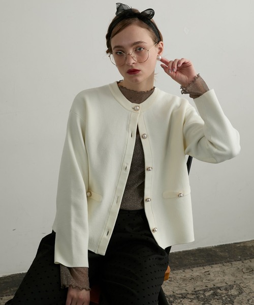 新品同様 ロペ オリジナルボダン ノーカラー ニットカーディガン ジャケット ap retro ジャケット ノーカラージャケット メタルボタンニット