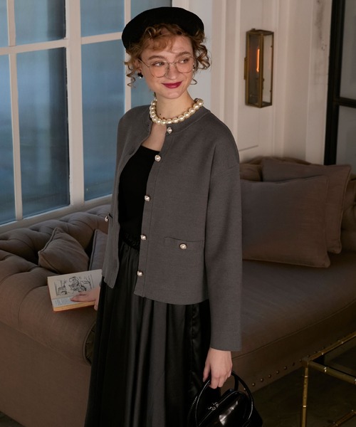 BONLECILL noir（ボンルシールノワール）の「【BONLECILL noir】パールボタンノーカラーニットジャケット／カーディガン（カーディガン/ボレロ・レディース・グレー/ネイビー/ブラック/アイボリー・FREE）」の12枚目の写真