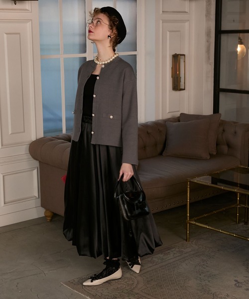 BONLECILL noir（ボンルシールノワール）の「【BONLECILL noir】パールボタンノーカラーニットジャケット／カーディガン（カーディガン/ボレロ・レディース・グレー/ネイビー/ブラック/アイボリー・FREE）」の20枚目の写真