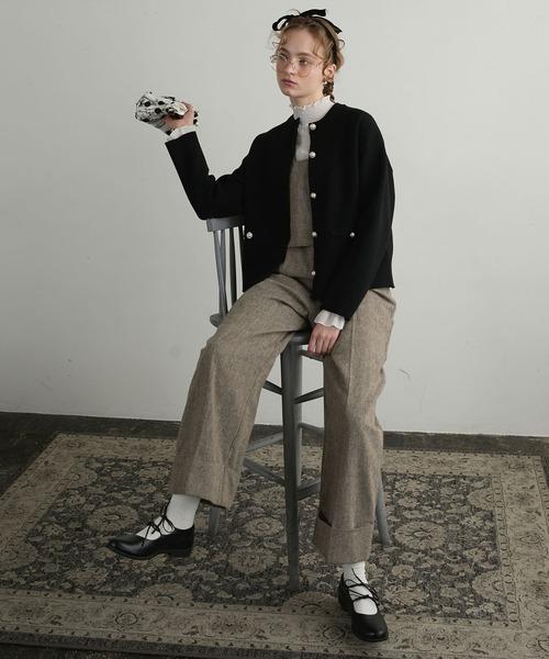 BONLECILL noir】パールボタンノーカラーニットジャケット