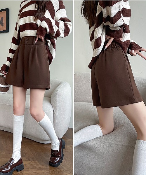 gossip!ロサンゼルス(ゴシップロサンゼルス)の「【サイズあり】フェミニンウールライクバックゴム 厚手タックシンプルカジュアルAラインショートパンツ(ベルト付)秋冬の定番アイテム)(その他パンツ・レディース・ブラック/ブラウン・M/S/L/XL)」の4枚目の写真