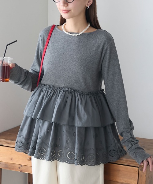 BONLECILL（ボンルシール）の「コットンボリュームレースドッキングプルオーバー（Tシャツ/カットソー・レディース・オフホワイト/ブラック/チャコールグレー・FREE）」の3枚目の写真