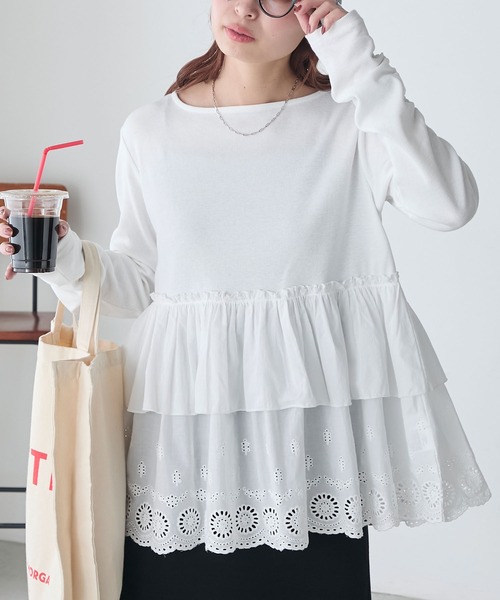 BONLECILL（ボンルシール）の「コットンボリュームレースドッキングプルオーバー（Tシャツ/カットソー・レディース・オフホワイト/ブラック/チャコールグレー・FREE）」の7枚目の写真