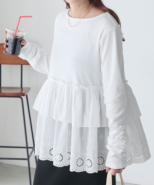 BONLECILL（ボンルシール）の「コットンボリュームレースドッキングプルオーバー（Tシャツ/カットソー・レディース・オフホワイト/ブラック/チャコールグレー・FREE）」の8枚目の写真
