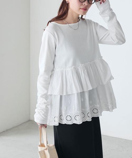 BONLECILL（ボンルシール）の「コットンボリュームレースドッキングプルオーバー（Tシャツ/カットソー・レディース・オフホワイト/ブラック/チャコールグレー・FREE）」の10枚目の写真