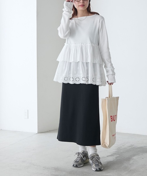 BONLECILL（ボンルシール）の「コットンボリュームレースドッキングプルオーバー（Tシャツ/カットソー・レディース・オフホワイト/ブラック/チャコールグレー・FREE）」の11枚目の写真