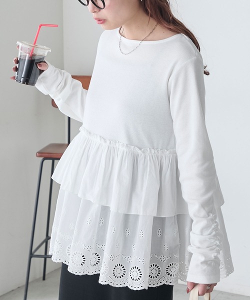 BONLECILL（ボンルシール）の「コットンボリュームレースドッキングプルオーバー（Tシャツ/カットソー・レディース・オフホワイト/ブラック/チャコールグレー・FREE）」の14枚目の写真