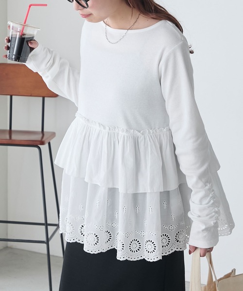 BONLECILL（ボンルシール）の「コットンボリュームレースドッキングプルオーバー（Tシャツ/カットソー・レディース・オフホワイト/ブラック/チャコールグレー・FREE）」の15枚目の写真