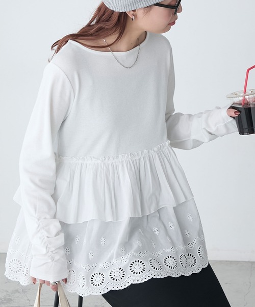 BONLECILL（ボンルシール）の「コットンボリュームレースドッキングプルオーバー（Tシャツ/カットソー・レディース・オフホワイト/ブラック/チャコールグレー・FREE）」の16枚目の写真