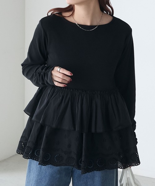 BONLECILL（ボンルシール）の「コットンボリュームレースドッキングプルオーバー（Tシャツ/カットソー・レディース・オフホワイト/ブラック/チャコールグレー・FREE）」の17枚目の写真