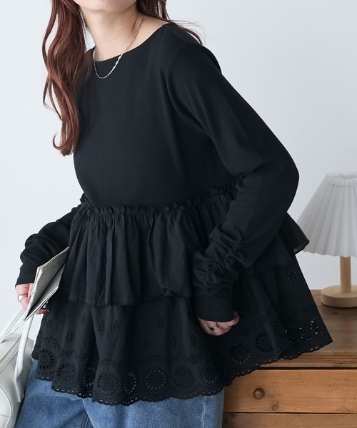 BONLECILL（ボンルシール）の「コットンボリュームレースドッキングプルオーバー（Tシャツ/カットソー・レディース・オフホワイト/ブラック/チャコールグレー・FREE）」の18枚目の写真