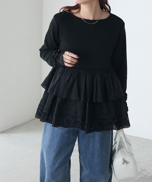 BONLECILL（ボンルシール）の「コットンボリュームレースドッキングプルオーバー（Tシャツ/カットソー・レディース・オフホワイト/ブラック/チャコールグレー・FREE）」の19枚目の写真