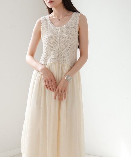 Bab（バブ）の「クロシェコンビキャミワンピース【低身長・高身長向けサイズあり】（ワンピース・レディース・ブルー/アイボリー/ブラック/イエロー/モカ・S/M/L）」の2枚目の写真