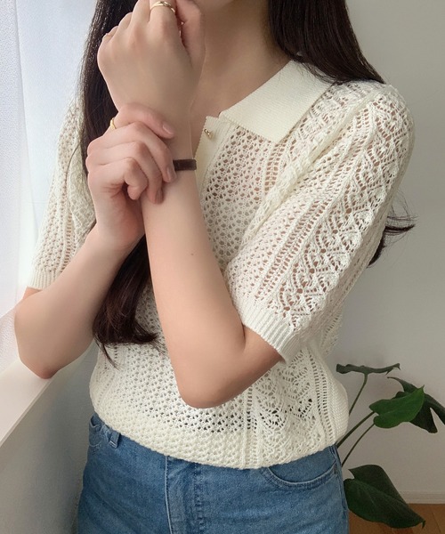 セール】透かし編み半袖ニットポロシャツ（ポロシャツ）｜LAUIR
