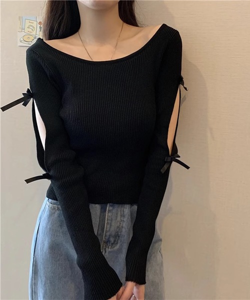 Lace Ladies(レースレディース)の「袖リボン オープンカット リブ ニット プルオーバー(Tシャツ/カットソー・レディース・ブラック/ホワイト・FREE)」の3枚目の写真