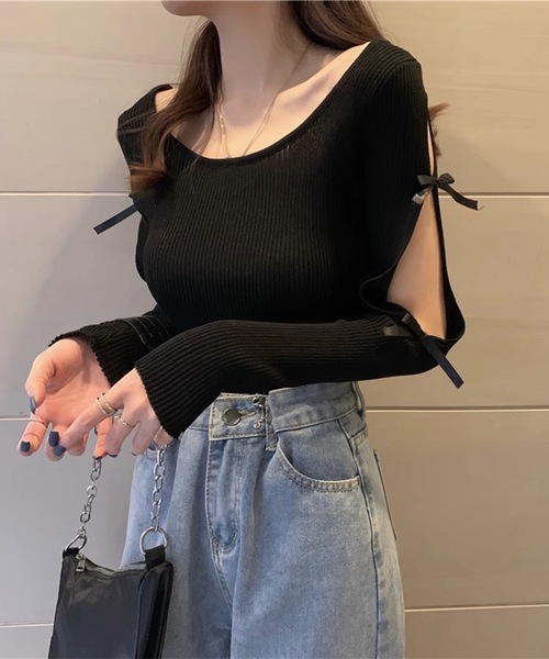 Lace Ladies(レースレディース)の「袖リボン オープンカット リブ ニット プルオーバー(Tシャツ/カットソー・レディース・ブラック/ホワイト・FREE)」の5枚目の写真